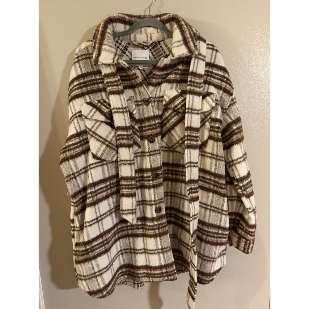 Gibson Latimer Plaid Shacket Women XXL Brown Cream Belted Button Up Jacket